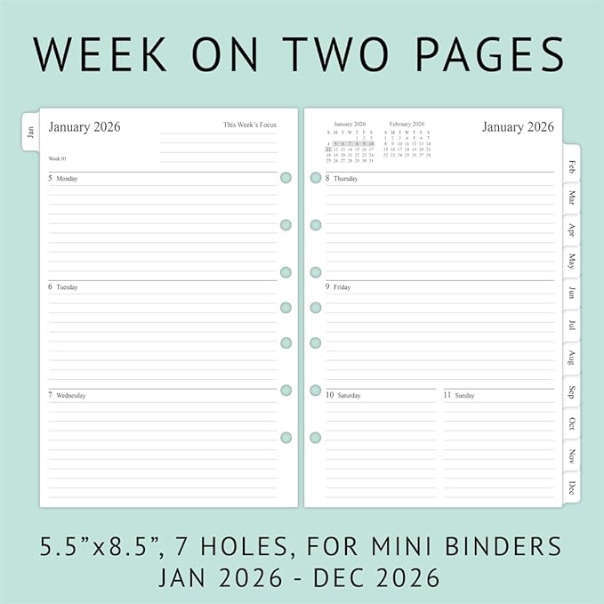 newestor 2026 Weekly & Monthly Planner Refill, 5-1/2" x 8-1/2", Jan 2026 to Dec 2026, 7-Hole Punched for Mini Binders