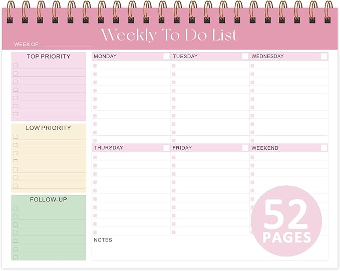 Weekly To Do List Notepad, Undated Planner with 52 Sheets (8.5''x11''), Desk Weekly Planner for Women & Man, Home School & Work (Pink)