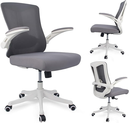 Ergonomic Comfort Home Desk Office Chair, Mid Back Computer Gaming Chair with Wheels, Adjustable Height, Lumbar Support, Flip-up Armrest with 350LBS Capacity (White Grey)