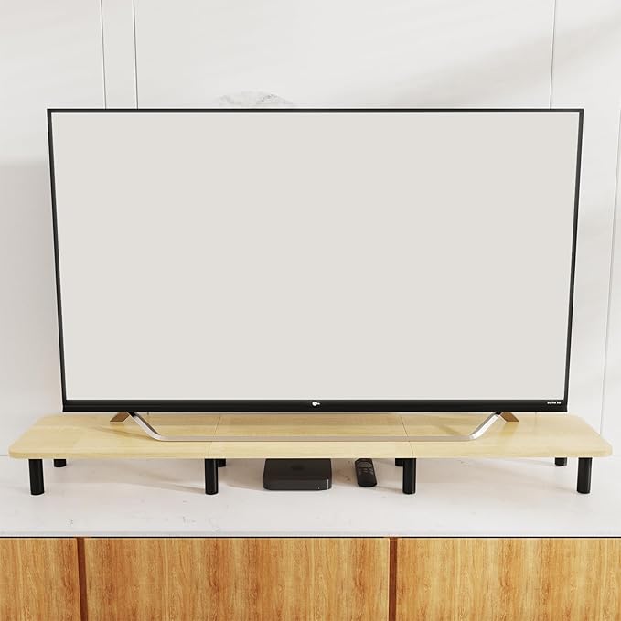 Large Extra Long Monitor Stand Riser 43.7in,Dual Monitor Riser, Wide TV Stand for 2 Monitors, Wood & Steel Leg Adjustable Height Desktop Riser, Home Office Organization. (Natural)