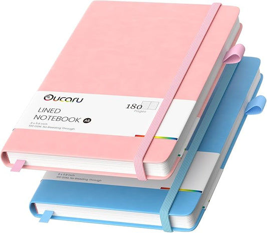 Oucaru Lined Journal Notebook, 2 Pack, 180 Pages, A5 Journals for Writing, 100 GSM Thick Paper, Small Notebooks Daily Journal for Women Men Work, Business, School, Travel Supplies
