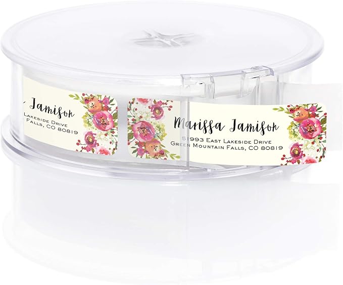 Vibrant Floral and Ivory Rolled Address Labels/Roll of 250 Personalized Address Labels/Designer Return Address Stickers in Elegant Plastic Dispenser