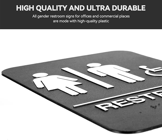 2PCS Self-Adhesive Business Restroom Sign,ADA Compliant Braille Unisex Bathroom Sign,Public Restroom Sign,Size: 9"" X 6""., Balck