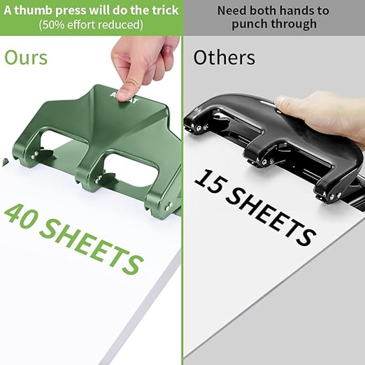 Heavy Duty 3 Hole Punch, 40-Sheet Heavy Duty Paper Punch, 50% Reduced Effort 3-Hole Punch, AFMAT Metal Hole Puncher 3 Ring, Three-Hole Paper Puncher w/Large Chip Tray for Classroom, Office, Green