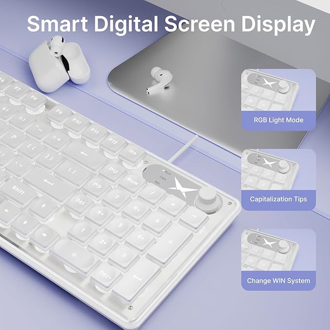 EWEADN F98 Wired Keyboard with Smart Display & Knob,98 Keys Aesthetic Computer Keyboards,Metal Panel,Cute Wired Cream Membrane Keyboard for Windows/PC-White