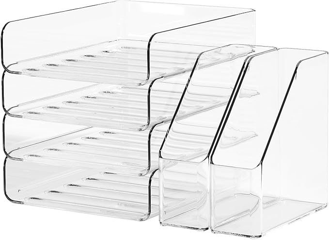 4-Tier Brown Acrylic Paper Tray Organizer for Desk + 2 Bookends – Stackable Letter Tray, Acrylic Desk Accessories/File Organizer, Office Paper Organizer
