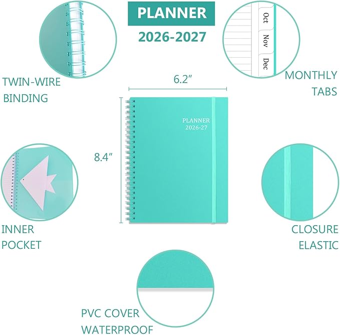 Tiankool Planner 2026-2027 - Jan 2026-Jun 2027 Weekly Monthly Planner with 18 Monthly Tabs, Elastic Closure, Inner Pocket, Round Corner,5.8" x 8.25"- Turquoise