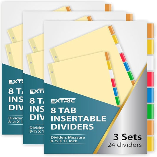 8-Tab Binder Dividers for 3 Ring Binder, Insertable Multicolor Big Tabs, Letter Size Paper Divider, 8.5 x 11 inch, 3 Sets (24 Dividers Total)