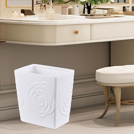 White Ceramic Rose Small Bathroom Trash Can 2.5 Gal (9 Liter), Heavy Small Kitchen Garbage Bin, Living Room Bedroom Corner Trash Can, Decorative Wastebasket for Outdoor Garden, Home Office,Hotel Motel