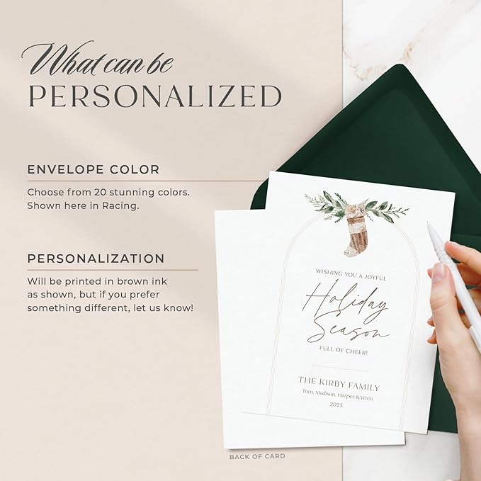Personalized Stationery for Women & Men, A2 Family Christmas Cards Set, Stocking & Greenery Personalized Note Cards with Envelopes, Holiday Stationery Set for Family - Boho Holiday Flat
