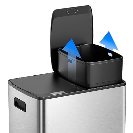 KUK 60 Liter / 16 Gallon Dual Trash Can with Lid, Stainless Steel Kitchen Step Garbage Can, 2 x 8 Gal Double Compartment Classified Rubbish Bin with 2 Plastic Inner Buckets Silver