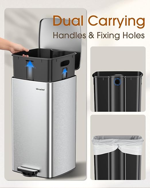 Lovewind Kitchen Trash Can with Lid, 8 Gallon/30 L Footstep Garbage Can for Kitchen Bedroom Home Office, 30 Liter Trash Bin Brushed Stainless Steel Waste Bin with Soft-Close Lid,Silver