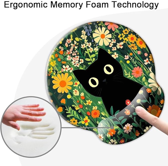 Ergo Comfort Gel Wrist Rest Mouse Pad-Ergonomic Office Mousepad with Wrist Support-Non-Slip, Design Desk Accessories Mat for Home&Game Decor Cute Black Cat