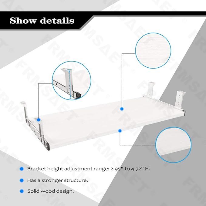 FRMSAET Furniture Accessories Office Product Suits Hardware 20/24/30 inches Keyboard Drawer Tray Wood Holder Under Desk Adjustable Height Platform. (30 inches, White)