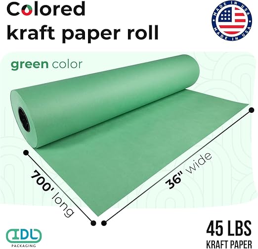 Christmas Green Kraft Paper Roll 36" x 8400" (700 ft) - Quality USA-Made Large Paper Roll 45lb Thickness for Packing, Moving, Shipping & Crafts/Art - Natural Wrapping Material by IDL Packaging