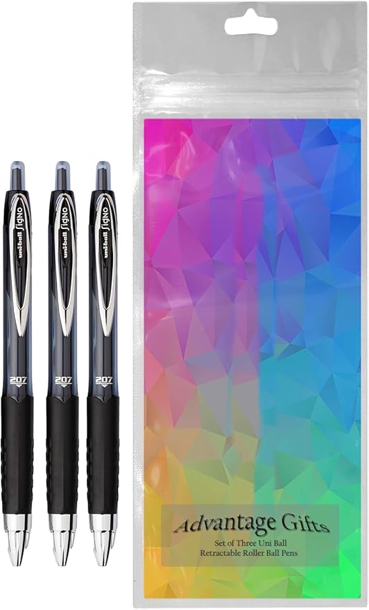 Signo 207 Roller Ball Retractable Gel Pens, Medium Point (0.7mm), Black Ink, 3 Count, Bundle with Plastic Reusable Pouch