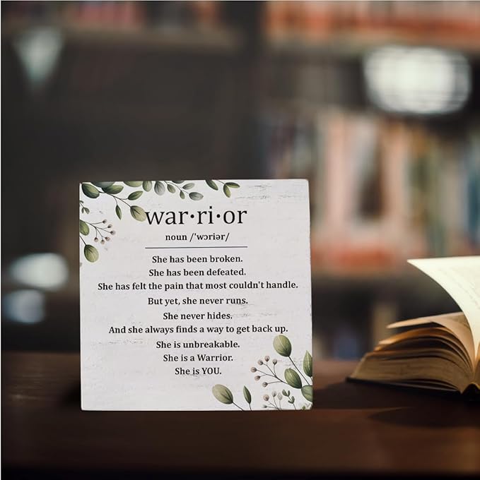 HEYBIG Cancer Motivational Decor Sign, Gifts Breast Cancer Gifts For Mom Warrior Survivor Friend Strength Gifts, Desk Sign Wooden Sign 5.1 X 5.1 Inch