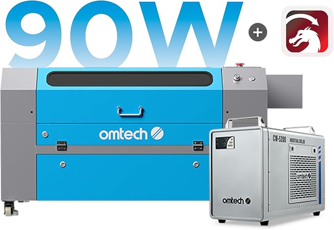 OMTech 90W CO2 Laser Engraver with Water Chiller & LightBurn, 28"x20" Cutting & Engraving Machine with Air Assist, 4-Way Pass, Caster Wheels, RDWorks, for Wood, Glass, Acrylic & More