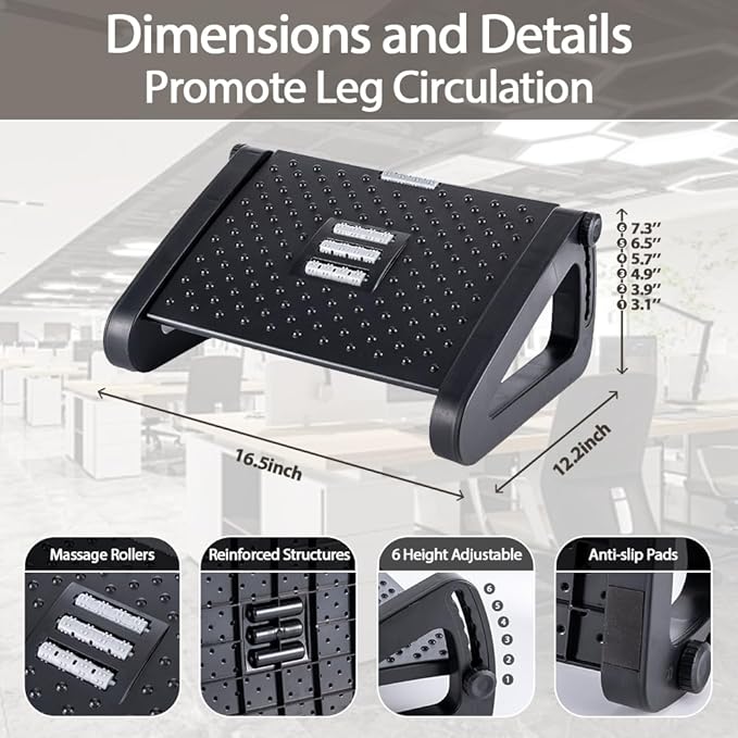 Foot Rest, Six Heights Adjustable Foot Rest for Under Desk at Work, Ergonomic Foots Stool for Under Office Desks, Under Desk Footrest with Foot Massage Roller, Chair Footrest for Leg Rests