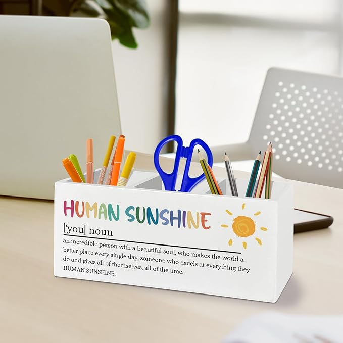 Sunshine Gifts, Human Sunshine Inspirational Pen Pencil Holder Organizer for Desk Accessories, Motivational Appreciation Gifts for Teacher Coworkers Wooden Box Sign Desk Decor