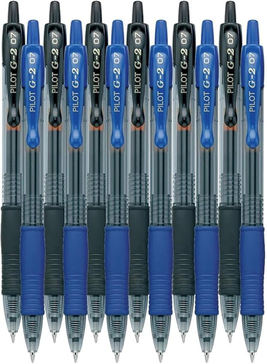 G2 Retractable Premium Gel Ink Roller Ball Pens Fine Point Fine Point (.7mm) Black/Blue Ink 12-pk; Refillable & Premium Comfort Grip Bundle with Plastic Reusable Pouch
