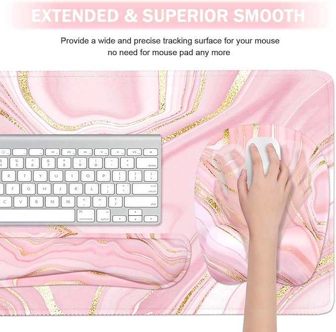 Keyboard Wrist Rest Large Mouse Pad Wrist Support for Computer, 4 in 1 Memory Foam Keyboard Pad Desk Mat Ergonomic Hand Rest Wrist Cushion for Home Office Gaming - Pink Marble