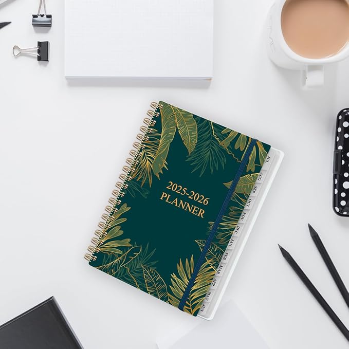 Planner 2025-2026 - Weekly & Monthly Planner from July 2025 to June 2026, Agenda 2025 2026 with Inner Pocket, Elastic Band, 6.4" x 8.5", Green Glod Leaf