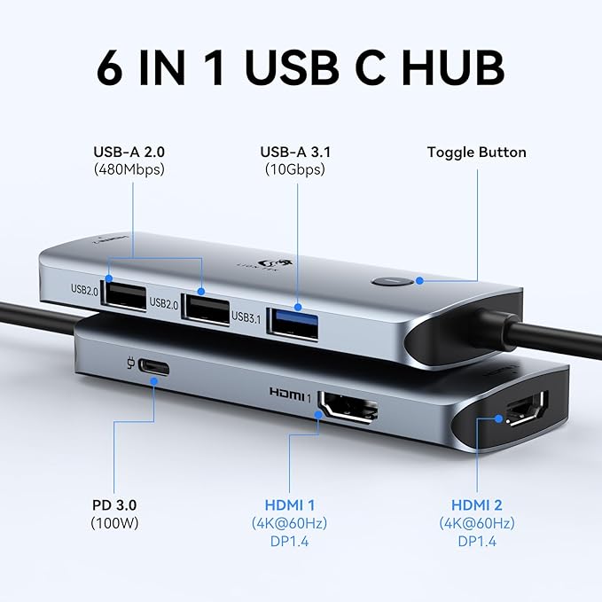USB C Docking Station Dual Monitor, LIONWEI Laptop USBC Dock Multiport Adapter with 2 4K HDMI, 3 USB-A/3.0/2.0, 100W Power Delivery, 6-in-1 for MacBook/Surface/Lenovo/Dell/HP