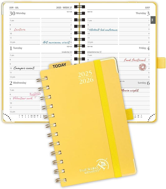 POPRUN Pocket Planner 2025-2026 (Spiral Hardcover - 4''x 6.25''), Daily Weekly and Monthly (July 2025 - June 2026) with Hourly Time Slots, for Purse, 100 GSM - Light Yellow