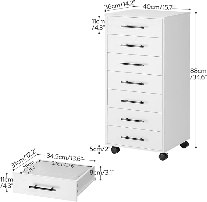 HOOBRO 7-Drawer File Cabinet, Wooden Office Cabinet with Drawers, Mobile Storage Filing Drawer for Home Office, Study, Easy Assembly, White WT07WJ01