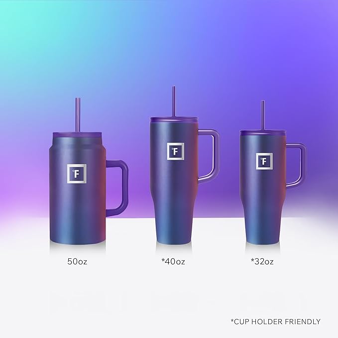 IRON °FLASK Co-Pilot Insulated Mug w/Straw & Flip Cap Lids - Cup Holder Bottle for Hot, Cold Drink - Leak-Proof - Water, Coffee Portable Travel Mug - Lavender, 50 Oz