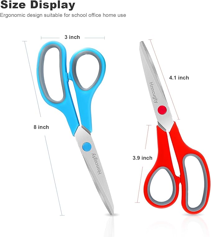 Scissors, Hnncugty 8" Scissors All Purpose Bulk Set of 6-Pack, Sharp Shears for Office Home Craft Sewing Fabric, High/Middle School Supplies Student Teacher Supplies, Comfort Grip Right/Left Handed