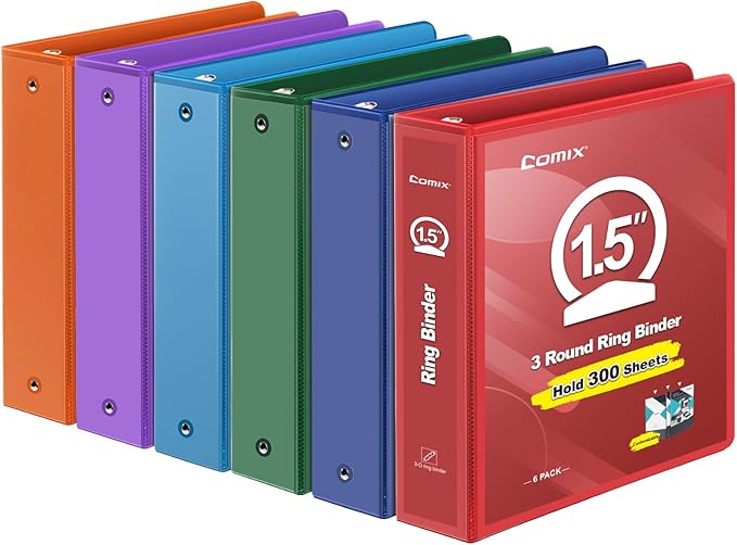 COMIX 3 Ring Binder 1.5 inch with Clear View Cover, 1.5" View Binder Holds 300 Sheets of US Letter Size Paper, 6 Pack (Assorted)