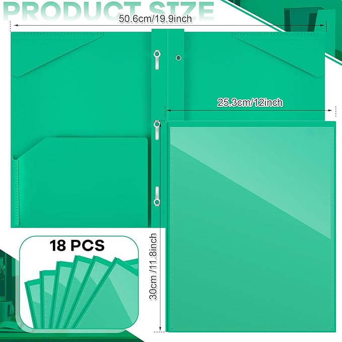 Henoyso 18 Pcs Plastic Folder with Clear Front Pocket and 3 Prong Plastic Folders with Card Slot Pocket Folders with Prongs for School Office (Green)