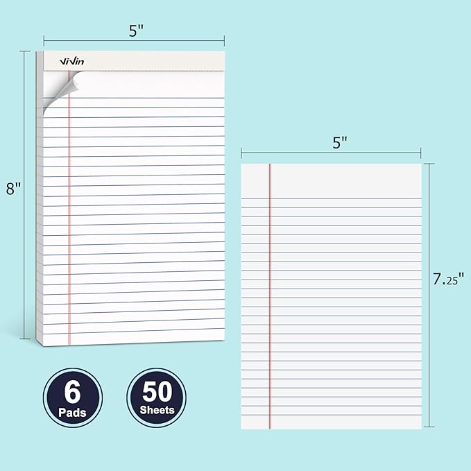 ViVin 5 x 8 Inch Legal Pads, 6 Pack, Narrow Ruled, 50 Sheets Per Writing Pad, Perforated Note Pads Ideal for Home, Office, Business, 300 Sheets, White Paper