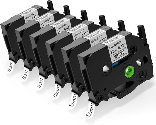 Label Maker Tape, Tze Tz Tape 12mm 0.47 Laminated White TZe-231 Replace for Brother P Touch TZ-231 AZe-231 Compatible with Brother P-Touch Label Maker Refills PT-D210 PTH110 PTD220,6PK