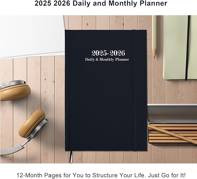 2025-2026 Daily & Monthly Planner - Daily Planner One Page Per Day from July 2025 to June 2026, 5.8'' x 8.3'' Hourly Appointment Book Perfect Organizer Daily Life, Fabric Cover, Black