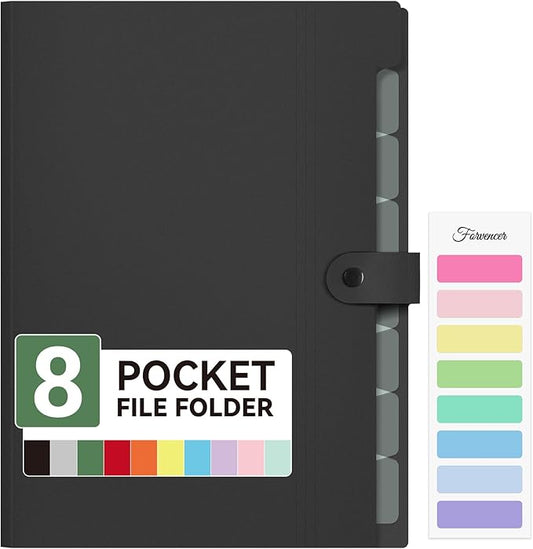 Forvencer Expanding File Folder with 8 Pocket, Letter Size Accordion File Organizer, Portable Folders for Documents, Cute Paper Organizer, Filling Products for School Office Supplies, A4 Size, Black