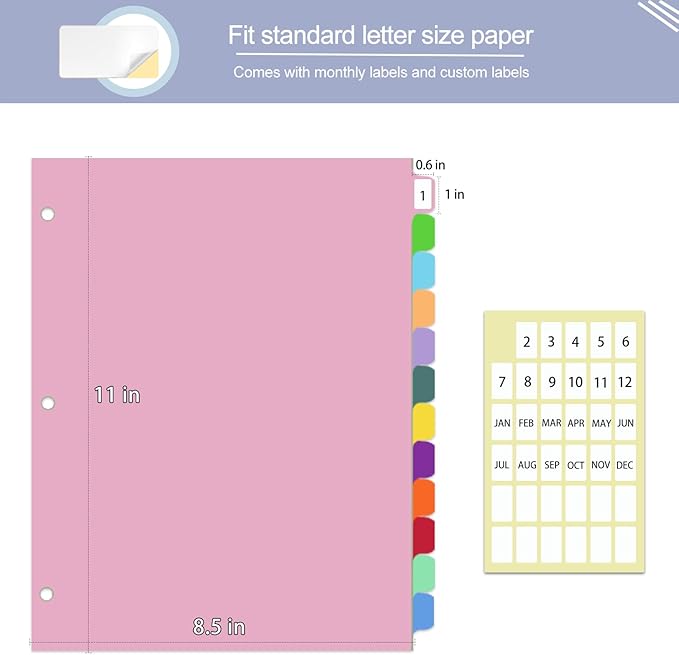 Binder Dividers with Tabs,Monthly Dividers for 3 Ring Binder,12 TABS,Customizable Table of Contents,Multicolor,1 Sets