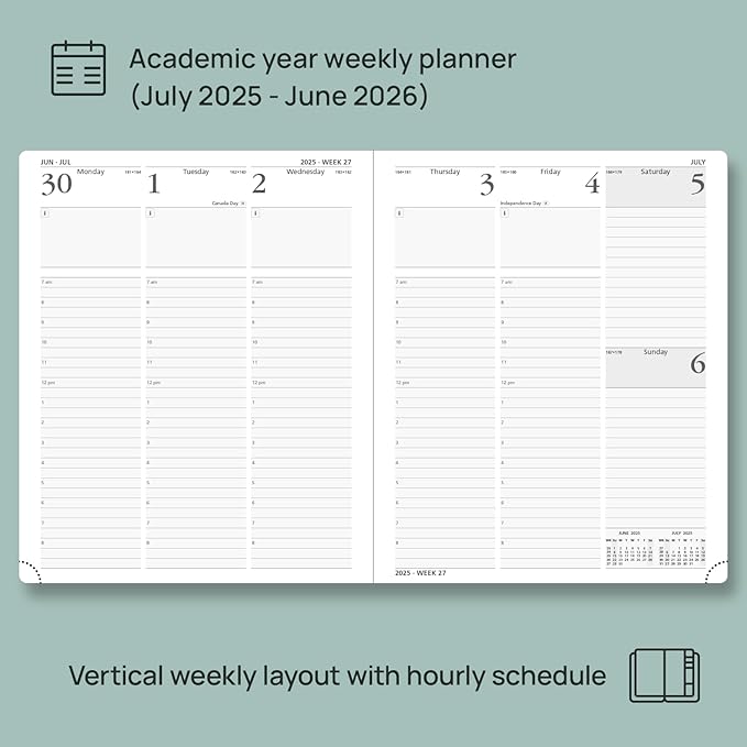 POPRUN Planner 2025-2026 (Large - 8.5'' x 10.5'') Academic Weekly Calendar (July 2025 - June 2026) with Hourly Time Slots, Monthly Tabs, 100GSM Thick Papers, Leather Soft Cover - Pacific Green