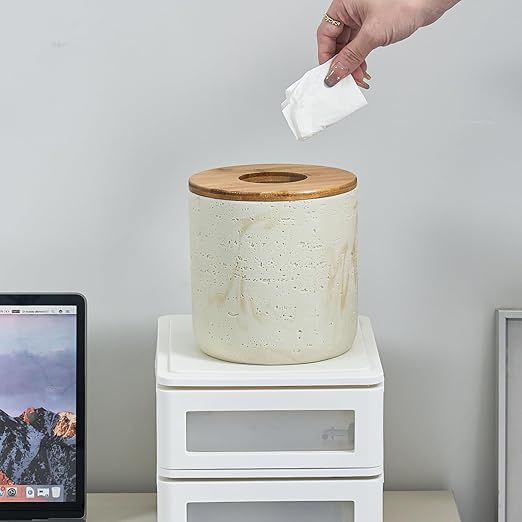 Natural Travertine Textures Beige Mini Trash Can with Bamboo Lid,Small Countertop Trash Can for Bathroom, Kitchen, Vanity, Desk Trash Can,Table Top Mini Garbage Can for Dining Room, Tiny Waste Basket