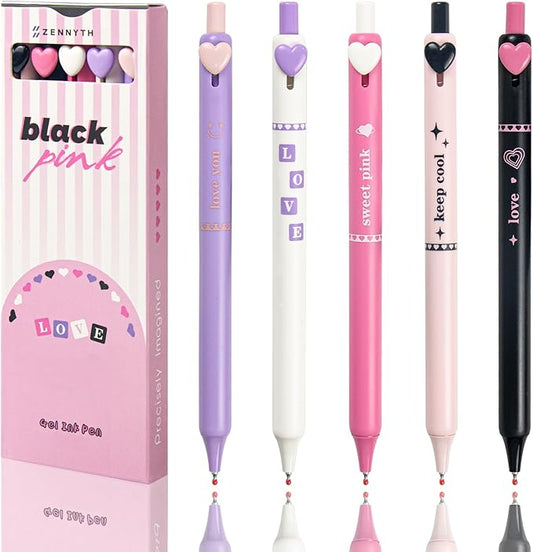 5 Pcs Colorful Gel Pens,0.5mm Fine Point for Journaling Note Taking Writing, Quick Dry Black Ink Pens for Office School Supplies Gifts for Women Teacher Students (Pink heart)