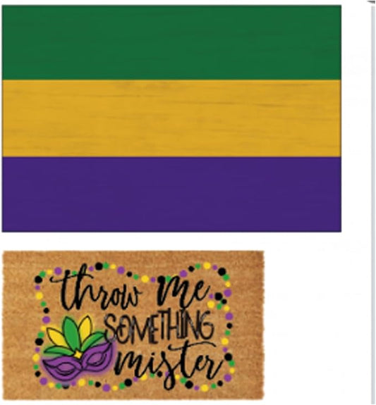 2 Pcs Mardi Gras Coir Doormat Outdoor Mardi Gras Welcome Outdoor Rug Layered Purple Yellow Green Stripe Rug for Carnival Front Porch Entryway Decor