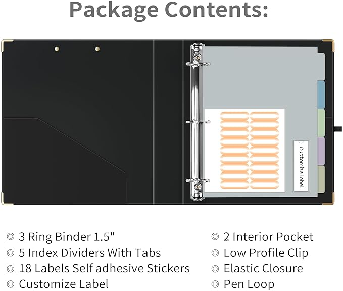 Ospelelf 3 Ring Binder, 1.5 Inch, Cute Letter Size (11" x 8.5") with 5 Tab Dividers, File Folder Labels and Low Profile Clipboards, Black Binder for School and Office Supplies
