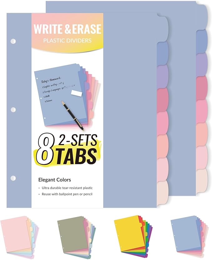 Sooez 8 Tabs Long-Lasting Plastic Write & Erase Large Tabs Dividers for 3 Ring Binder, Aesthetic Cute Pastels Binder Dividers for Student, Teacher, Office, Home Organizers, 2 Sets, Muted