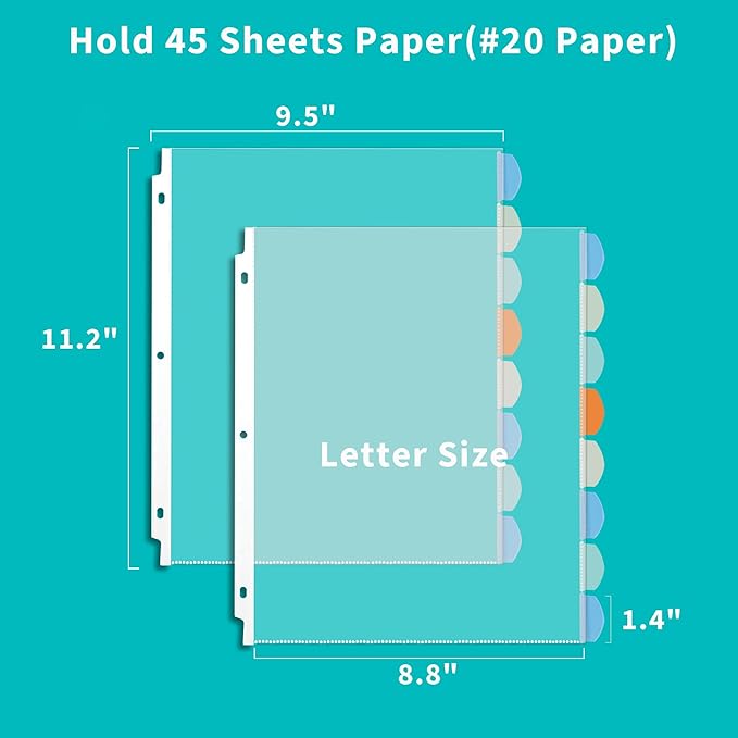 Binditek 48 Pack Heavyduty Clear Sheet Protectors with 8 Tabs, Sturdy Binder Sheet Protectors for 3 Ring Binder Letter Size, Multicolor Tabs, 8.5 x 11 Inches, Polypropylene, 6 Set, Label Sticker