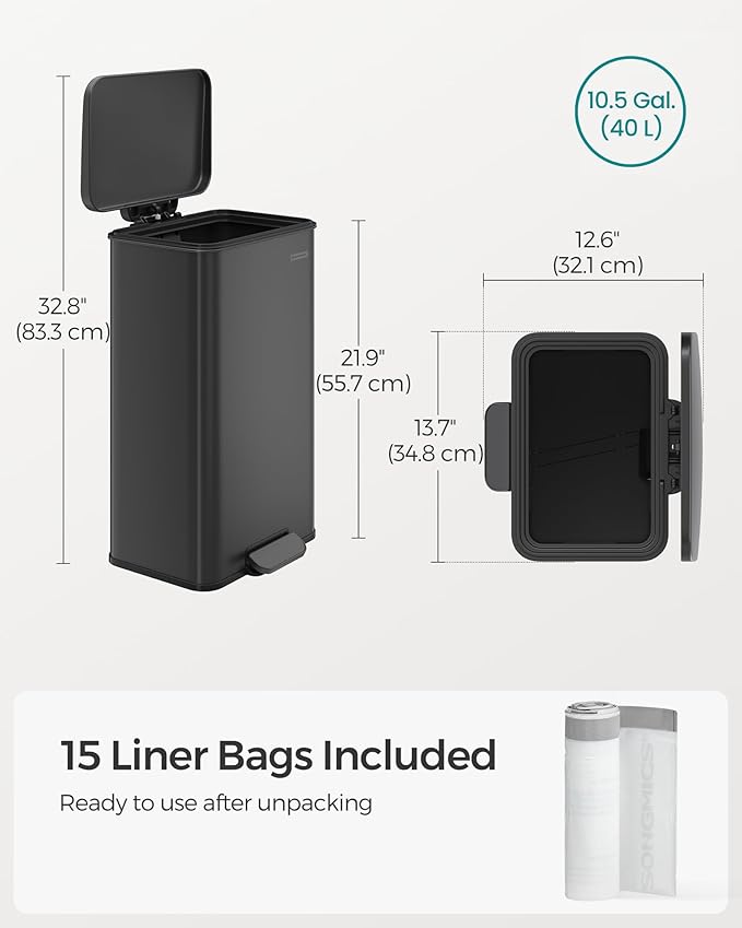 SONGMICS Kitchen Trash Can, 10.5 Gallon (40 L) Garbage Can, Large Step Trash Bin with Lid, Stainless Steel, Soft Close, 15 Trash Bags Included, Black ULTB540B40