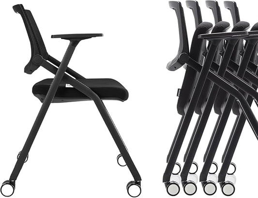 10 Pack Stackable Conference Room Chairs with Wheels and Paddle, Ergonomic Mesh Back and Arms for Meeting, Conference, Reception, Training Room & Home Office Desk Folding Chairs, Black