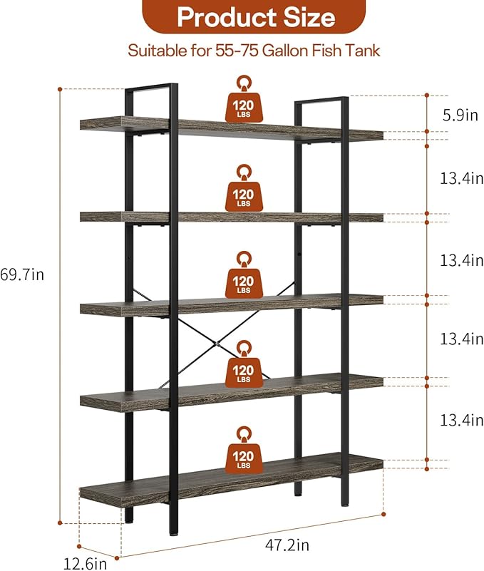 Bookcase, 47 Inch Wide Wood Bookshelf, 120lbs Shelf Capacity, Rustic Open Shelving Industrial Display with Reinforced Horizontal Shelves for Living Room Bedroom Office (5 Tier - Grey) 2 Set