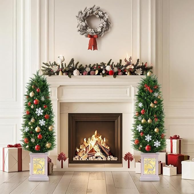 Artificial Cedar Trees, 4FT Tall Faux Tree Potted Plants with Trunk 48in Fake Cypress Tree for Indoor Outdoor Front Porch Garden Decor-2pack